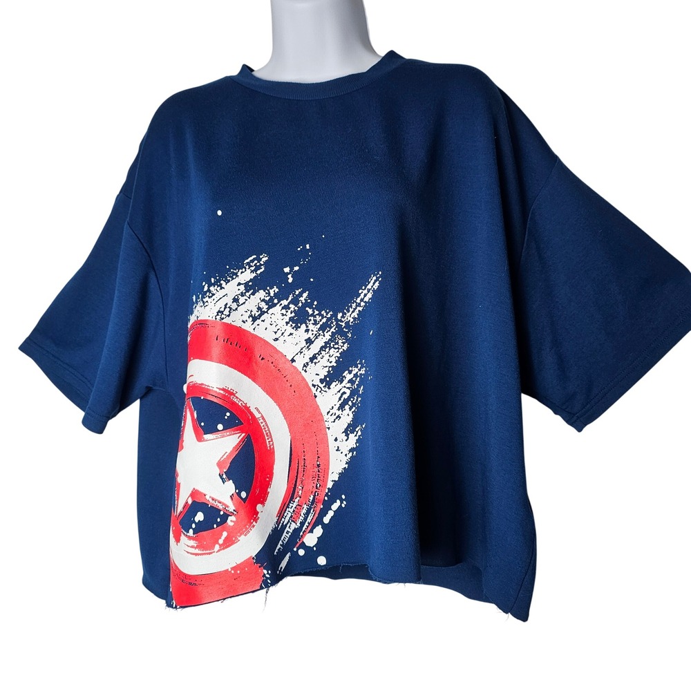 Marvel Captain‎ America Shield Navy Blue Boxy Cropped Graphic T-Shirt Large